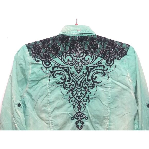 Roar Western Shirt Womens Sz L Slim Embroidered Rhinestones Cowgirl green black - Picture 5 of 12
